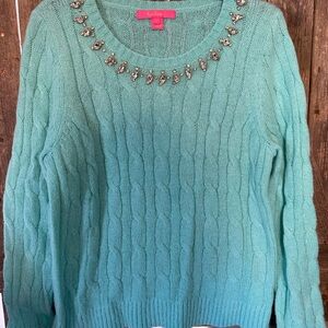 Lilly Pulitzer Teal Cable Knit Sweater with Embellished Neckline